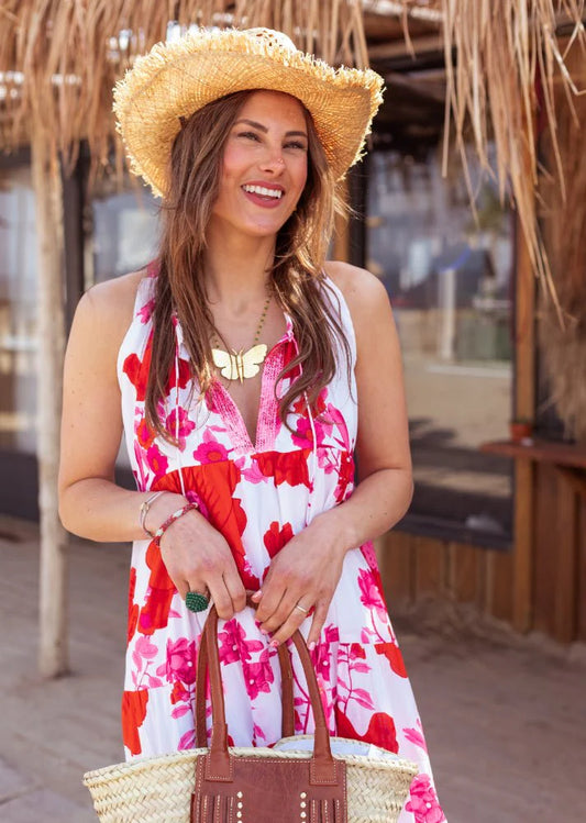 White Pink Flower Long Dress