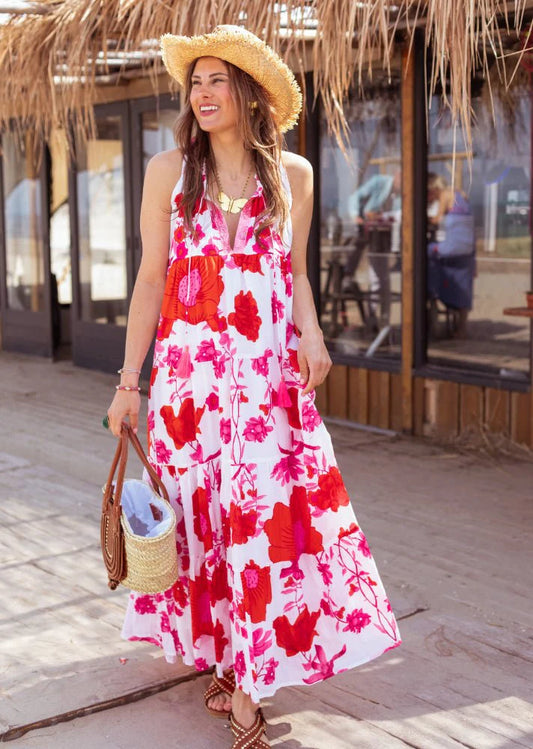 White Pink Flower Long Dress